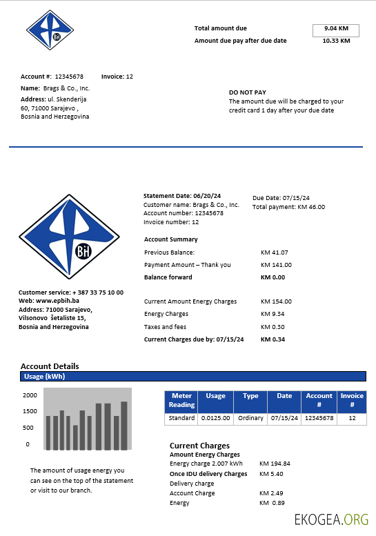 Modèle de facture de services publics d'électricité de Bosnie Herzégovine Elektroprivreda BiH en Word et PDF